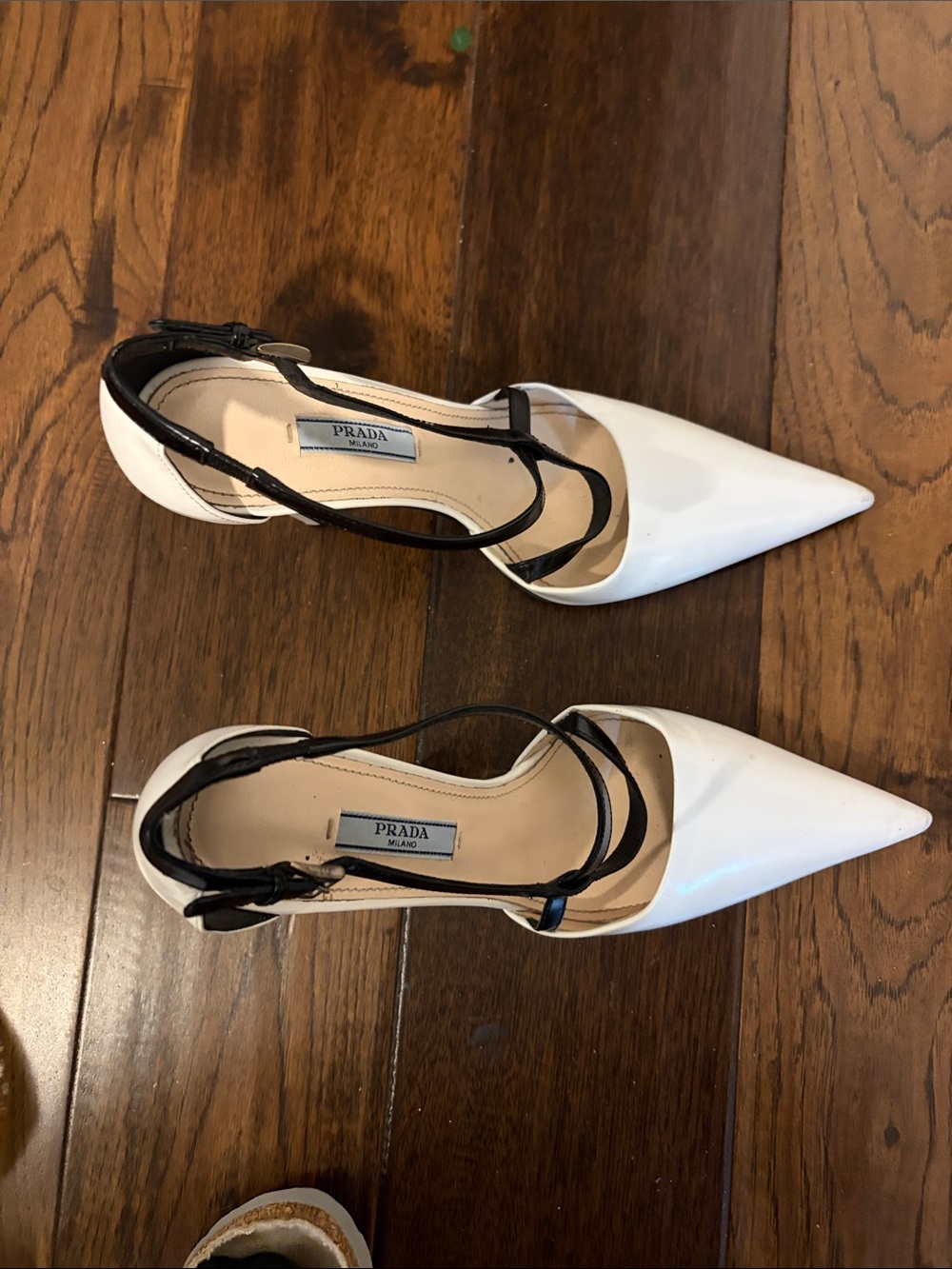 Prada White Pointed-Toe Pumps with Black Straps